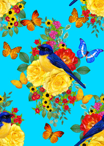 无缝的花卉图案。蓝鸟坐在一枝鲜艳的红花上, 黄玫瑰, 绿叶, 美丽的蝴蝶