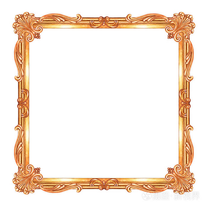 金黄正方形框架以巴洛克式的样式, 水彩图画在白色背景, 隔绝