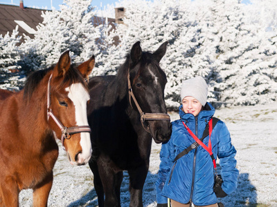 冬季牧场上的年轻女孩和两匹运动马