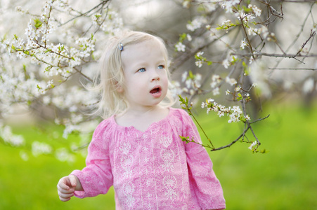 可爱女孩在盛开的樱花园