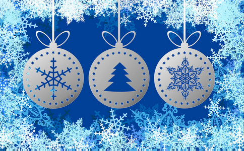 圣诞贺卡模板与白色雪花和圣诞球在蓝色的雪的背景。矢量模板