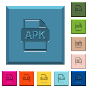 Apk 文件格式在各种时髦颜色的边缘方形按钮上刻上图标