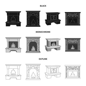 火, 温暖和舒适。壁炉集图标黑色, 单色, 轮廓样式矢量符号股票插画网站