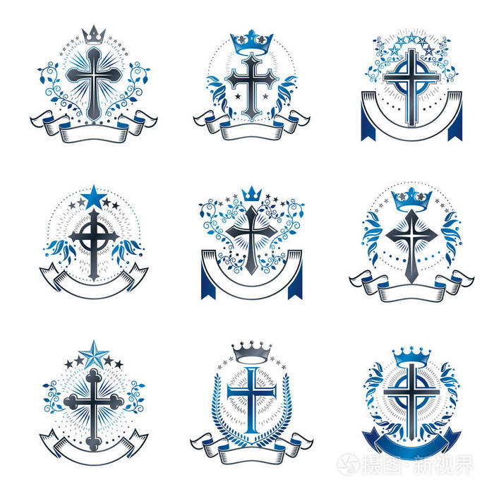 基督教的十字架标志设置.纹章徽章装饰标志孤立的矢量插图合集
