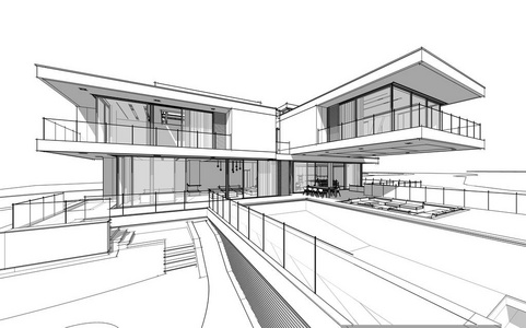 在河边用车库进行出售或出租, 绘制现代舒适住宅的草图.