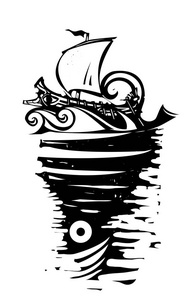 海怪蟳和奥德修斯船的木刻形象
