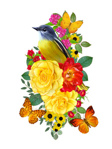 山雀鸟坐在一枝鲜艳的红花上, 黄玫瑰, 绿叶, 美丽的蝴蝶。在白色背景下被隔离。花卉组合