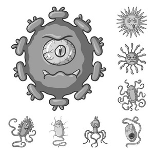 类型的有趣的微生物单色图标集集合中的设计。微生物病原体载体图