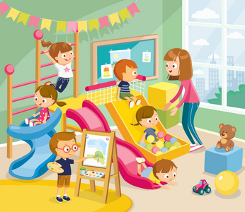 孩子们在游戏室, 操场上玩得开心.男孩正在画水彩.矢量插图.