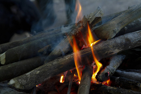 传统火炉中的木柴火照片