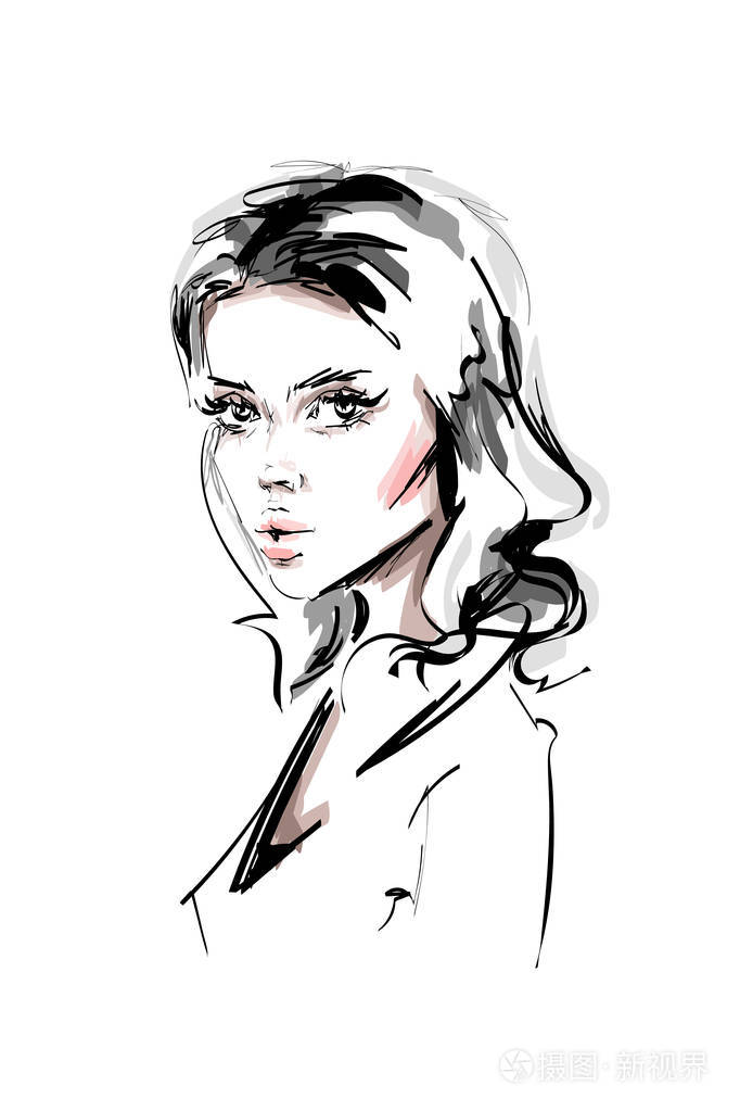 手绘美丽的年轻女子.时尚典雅的女孩.时尚女性肖像.素描