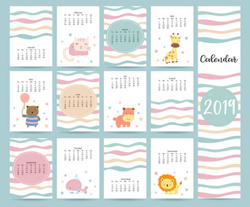 可爱的月历2019与熊, 猫, 长颈鹿, 河马, 狮子, 鲸鱼和气球。可用于网页, 横幅, 海报, 标签和打印