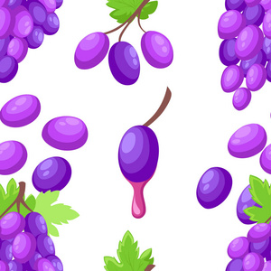 无缝的模式。绿叶葡萄酒葡萄。扁平的紫色一束葡萄与一滴果汁。在白色背景查出的向量例证