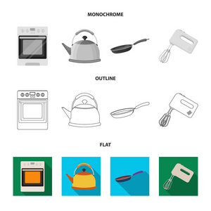 厨房设备平整, 轮廓齐全, 单色图标在集合中进行设计。厨房和配件矢量符号股票 web 插图