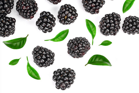 新鲜黑莓在白色背景下与复制空间为您的文本隔离。顶部视图。平躺模式