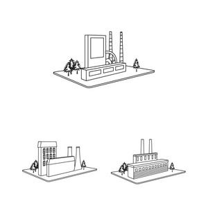 工厂和工厂轮廓图标集合中的设计。生产和企业向量等距符号库存 web 插图