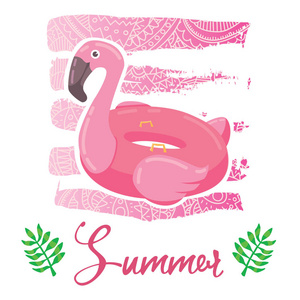 矢量卡通风格传单 t恤打印卡设计与时尚夏日火烈鸟泳池环上优雅的粉红色花边渐变笔触