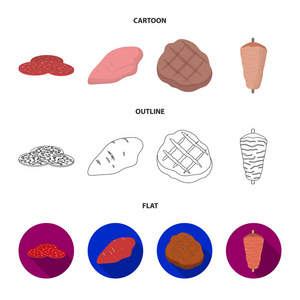 意大利香肠, 火鸡鱼片, 烤牛排, 烤肉串。肉类集合图标在卡通, 轮廓, 平面风格矢量符号股票插图