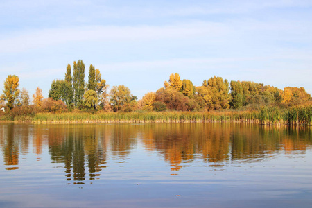 美丽的城市外的和平景观。平静的湖水映衬着五颜六色的秋树。秋天的鲜艳色彩。季节。十一月。自然的照片背景