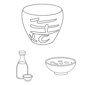 寿司和调味料轮廓图标集合中的设计。海鲜食品, 辅助向量符号股票网站插图