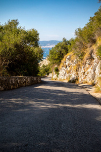 在直布罗陀岩石上岩石自然保护区的一条道路。直布罗陀是位于西班牙南端的英国海外领地。