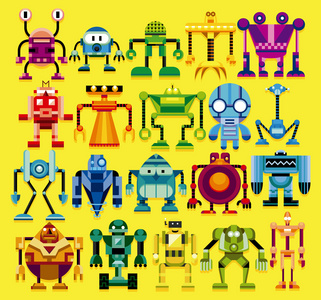 系列的不同的卡通机器人孤立