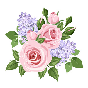 粉红玫瑰和淡紫色的花。矢量图