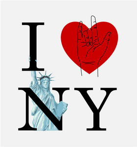 我爱纽约的口号与自由女神像和手标志爱照片