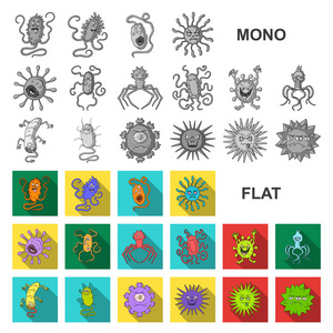 类型的有趣的微生物平面图标集合中的设计。微生物病原体载体标志物网插图