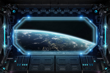 暗太空飞船内部与大窗口视图在空间3d 渲染