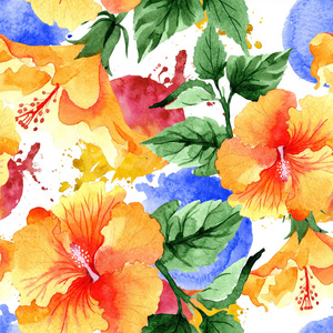 水彩橙 naranja 芙蓉花。花卉植物花。无缝的背景图案。织物墙纸打印纹理。水彩画野花为背景, 纹理, 包装图案