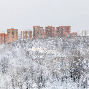 莫斯科城市 Timiryazevskiy 公园和民居的上述看法冬晚