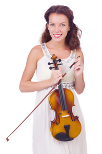年轻的女孩，用白底的小提琴