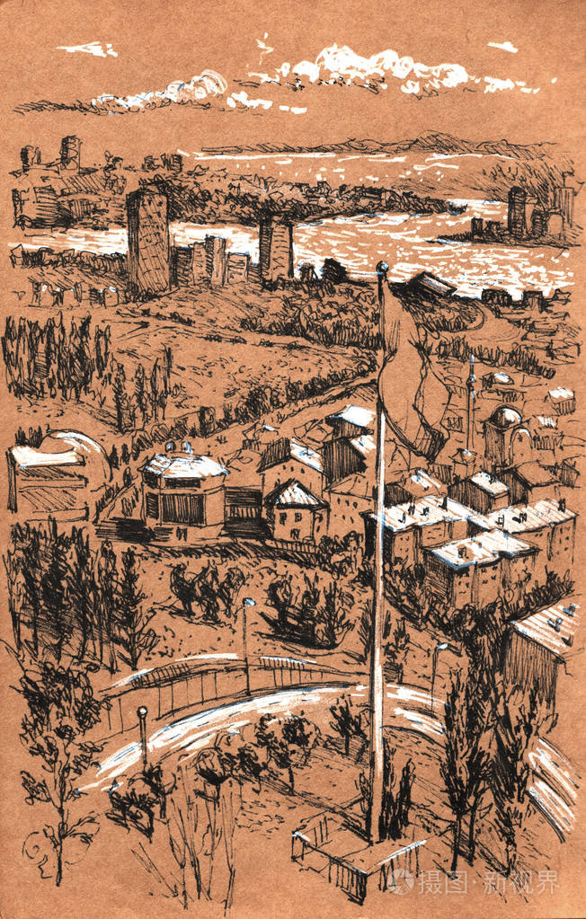 城市景观手绘墨线风格.老城市街道剪影伊斯坦布尔土耳其在白色背景.