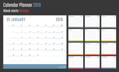 日历为2019开始星期一, 矢量日历设计2019年