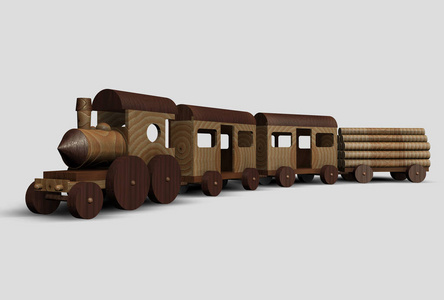木制玩具列车在中性背景三维渲染