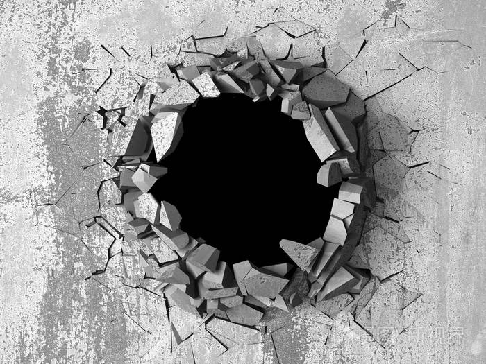 混凝土墙上有暗裂的破洞垃圾的背景3d渲染插图