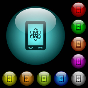 移动科学图标在彩色照明球形玻璃按钮黑色背景。可用于黑色或深色模板