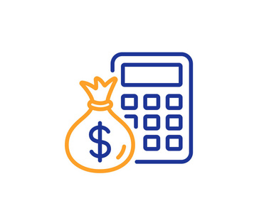 计算器与钱袋线图标.会计标志.计算财务符号.五颜六色的轮廓概念.