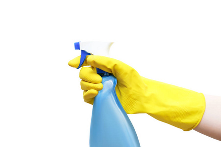 用黄色橡胶手套的手拿一 pulvalizer 清洁剂。隔离, 关闭