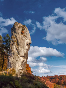石灰岩岩石形成称为棍棒的大力士或 Maczuga Herkulesa, Pieskowa 斯卡拉, 克拉科夫琴斯托霍瓦高地, 