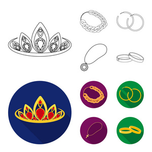 皇冠, 金链, 耳环, 挂饰石。首饰及配件集合图标的轮廓, 平面风格矢量符号股票插画网站