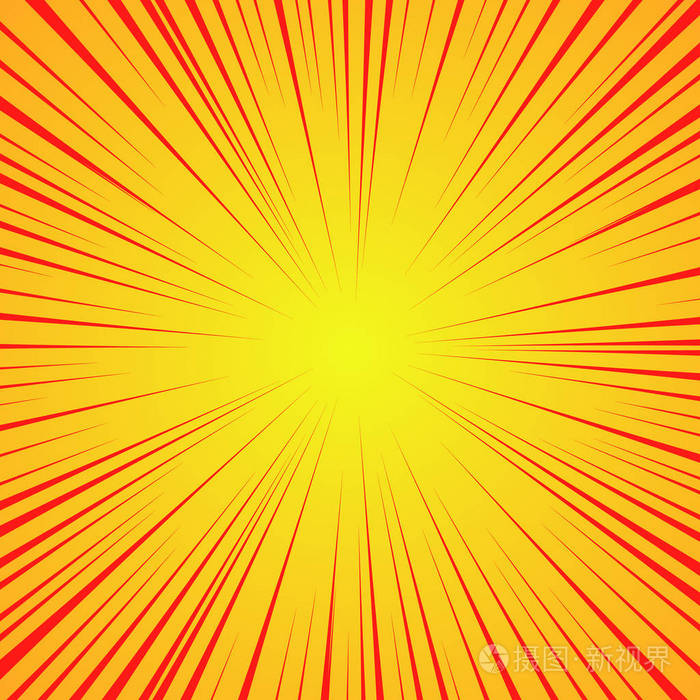 黄色背景上的径向红色线.漫画书速度, 爆炸.图形设计的矢量图解.