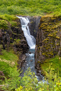 美丽和高瀑布 Fardagafoss 附近 Egilsstadir 在东部冰岛, 夏天时间