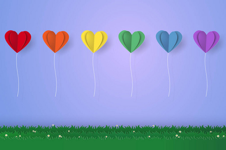 五颜六色的心气球飞过草地, 纸艺风格