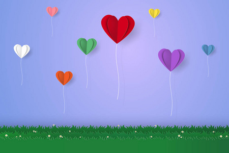 五颜六色的心气球飞过草地, 纸艺风格