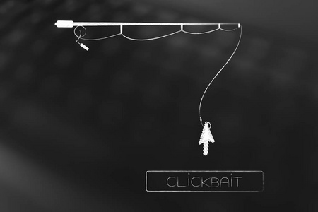 在线内容上的 clickbait 概念 钓鱼竿手持鼠标指针悬停在带有文本的按钮上