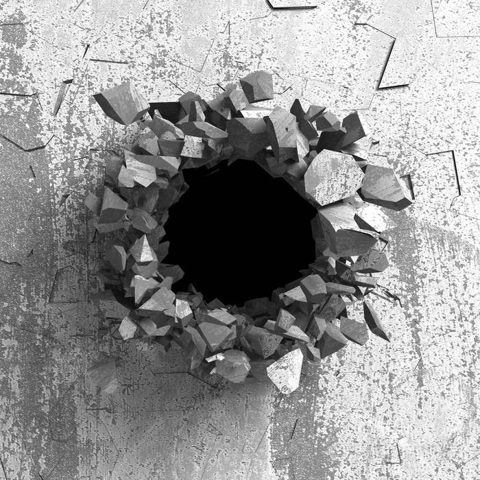 混凝土墙上有暗裂的破洞.垃圾的背景.3d 渲染插图