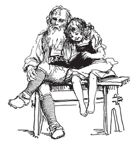 女孩和她的祖父, 长凳, 女孩与祖父, 读书, 坐, 复古线图画或雕刻例证
