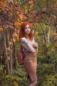 美丽的红发女孩在秋季公园